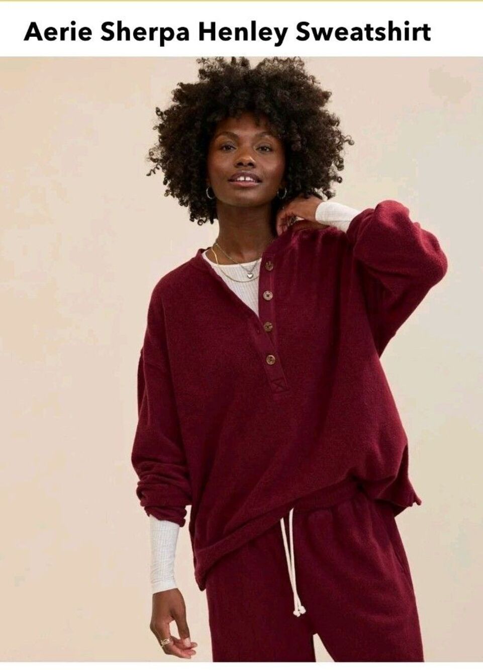 Aerie Sherpa Henley Sweatshirt Top Burgundy Red Women's S NWT A34.1